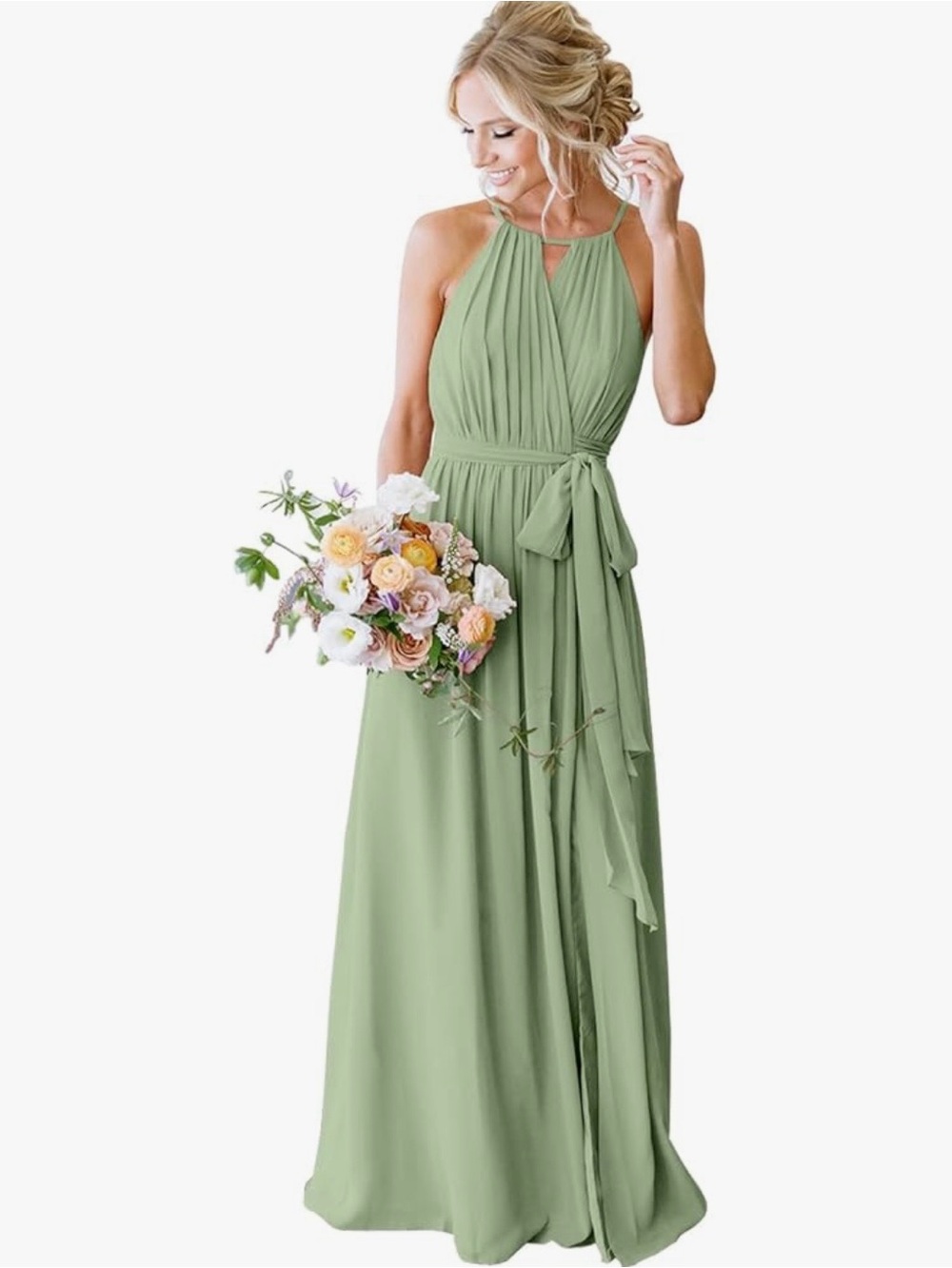 NEW Sage Green Halter Maxi Dress Size 10 Waist Tie Bridesmaid Formal Gown